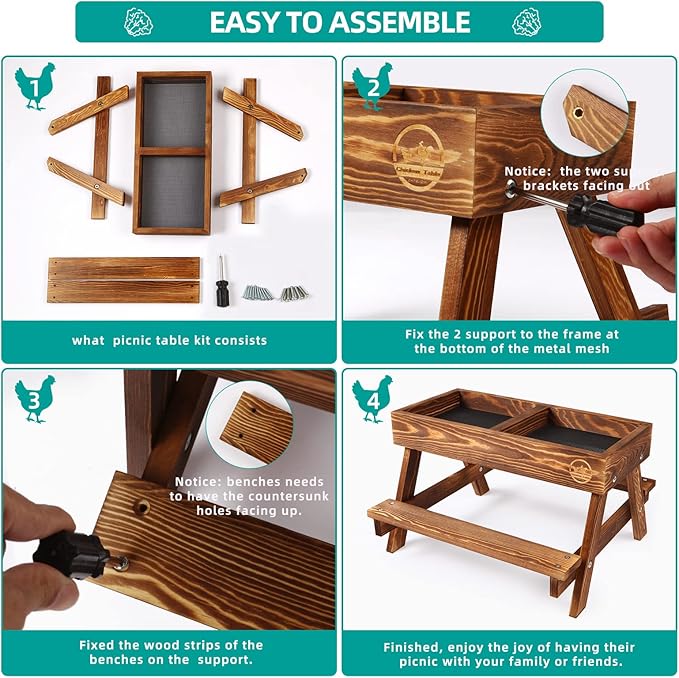 Chicken Table No Waste, Chicken Picnic Feeder Handmade Carbonized Wooden, Large DIY Chicken Feeder Kit, Wild Bird, Duck & Squirrel Feeders, Mesh Bottom Keep Food Fresh and Dry Easy to Clean and Fill