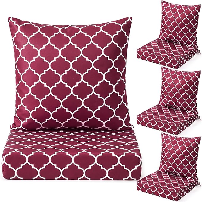 Hoteam 4 Set Outdoor Chair Patio Cushions Deep Seat Waterproof Chair Cushions 20 x 20 Inch for Patio Furniture Set Replacement Removable Seat and Back(Maroon Lantern)