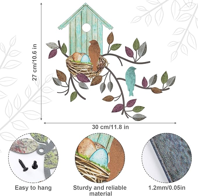 Peryiter Birds Wall Metal Decor for Outdoor Art Hanging Metal Tree with Birdhouse for Living Room Tree Leaf Wall Decor for Indoor Outdoor Garden(Brown, Light Blue)