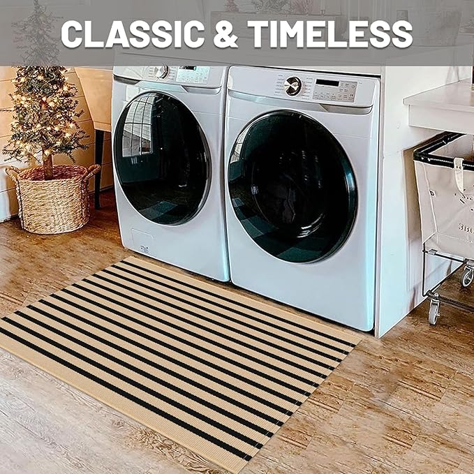 IOHOUZE Striped Area Rug 2'x3' Front Door Rugs Small Washable Area Rug for Front Porch, Spring Summer Welcome Door Mats Outdoor Indoor, Doormat for Entryway Porch Entrance, Tan/Black