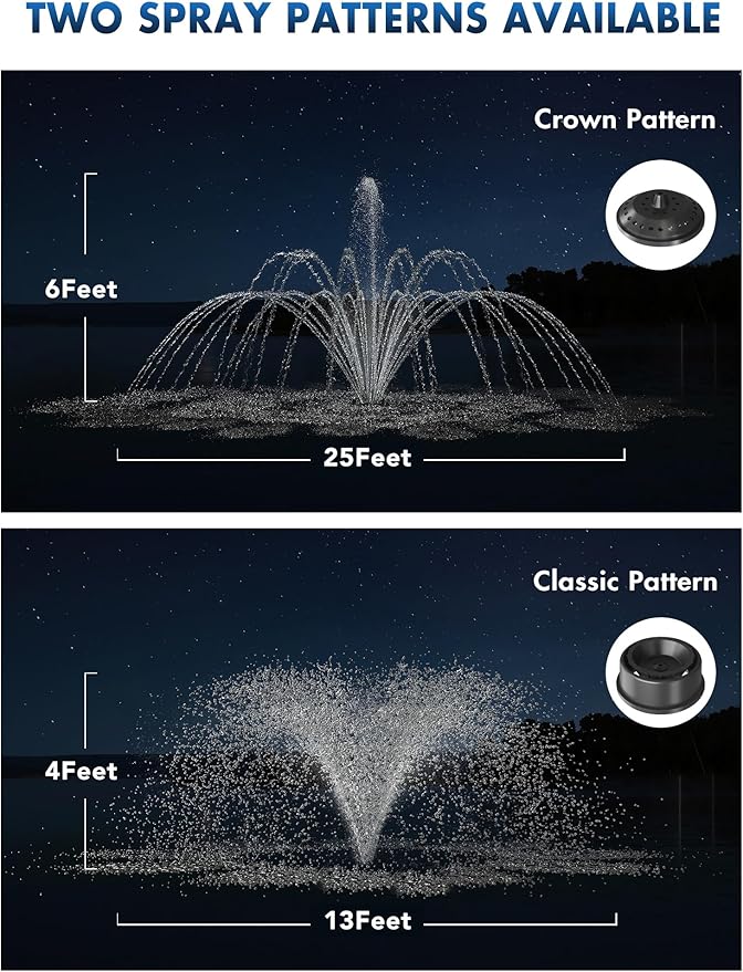 HQUA FS02 120V, 1/4HP, Large Pond Floating Fountain with FSL01 LED RGB Color-Changing Light Sets, 100’ Cord, 9000 GPH, Two Spray Patterns 25'×6' and 13'×4'