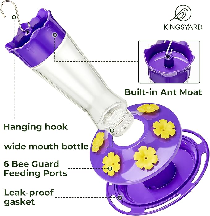 Kingsyard Glass Hummingbird Feeder for Outdoors Hanging - 6 Bee Guard Feeding Ports & Built-in Ant Moat, Wild Bird Feeder for Outside Garden Yard Patio 14 Oz, Updated Purple
