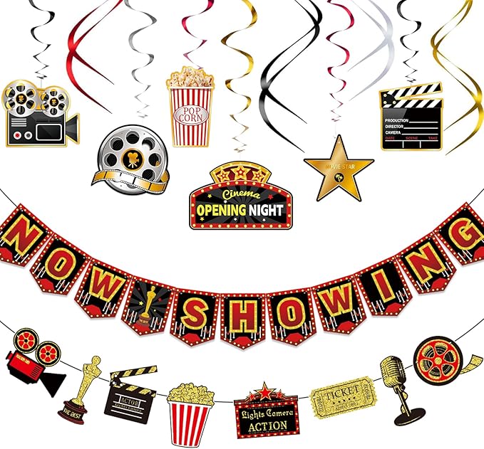 Movie Night Party Decorations Hanging, Movie Birthday Banners, Party Supplies Decor Decorations Decoration Banner Microphone Ticket for Theater Birthday Women Men The Kids' Boys Girls