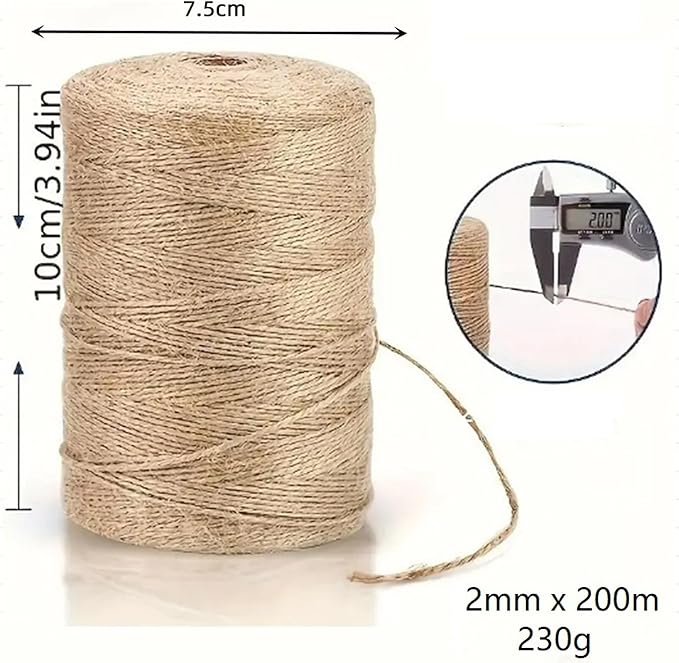 Natural Jute Rope 2mm 656ft - 3-Strand Brown Twine for Hang Tags, Lamp Shades, Weaving, Bottle Wrapping, Crafts & Gift Packaging