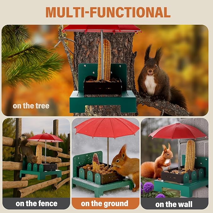Squirrel Picnic Table Feeder with Umbrella – Metal Squirrel Feeder for Outdoors, Large Food Tray & Corn Cob Holder, Funny Picnic Table for Wildlife, Tree-Mount Squirrel Table Feeding Station