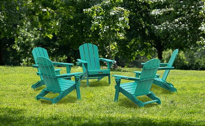 Folding Adirondack Chair Set of 6, Wooden Textured Plastic Adirondack Chairs with 2 Cup Holder, Weather Resistant HDPE Fire Pit Chair, Outdoor Patio Chairs for Garden, Backyard, Lawn, Deck, Lake Blue