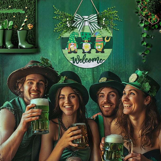 St Patricks Day Decorations: Irish Decor for Front Door Green Welcome Sign Gnomes Wall Hanging Saint Patrick's Day Wreath