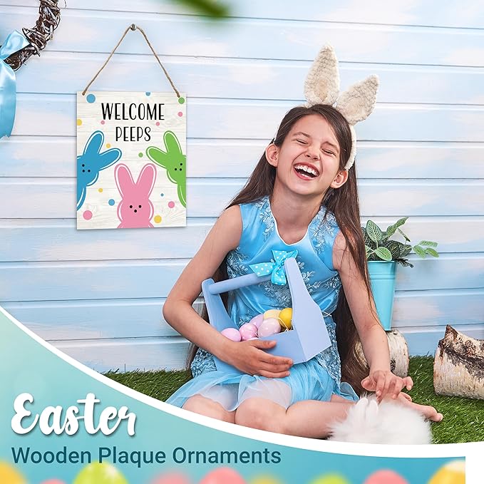 Easter Welcome Sign for Front Door, Welcome Peeps Easter Door Sign Decor, Rabbit Rectangle Wood Sign Hanger for Outdoor Farmhouse Garden Porch Home - C03