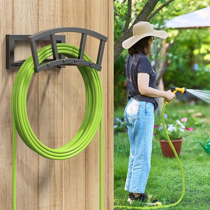 2 Pack Garden Hose Holder Wall Mounted, Outdoor Heavy Duty Metal Water Hose Holder Hanger Holds 125-ft Water Pipe, Sturdy Detachable Hose Storage Organizer Reel Rack for Outside Garden Lawn Yard Farm