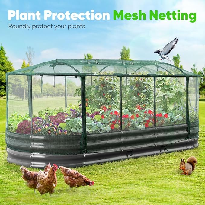 Quictent Galvanized Raised Garden Bed Kit with Self Watering System and Mesh Cover, Large Oval Metal Outdoor Planter Garden Boxes for Vegetables Herbs Flowers, 8x3x1Ft
