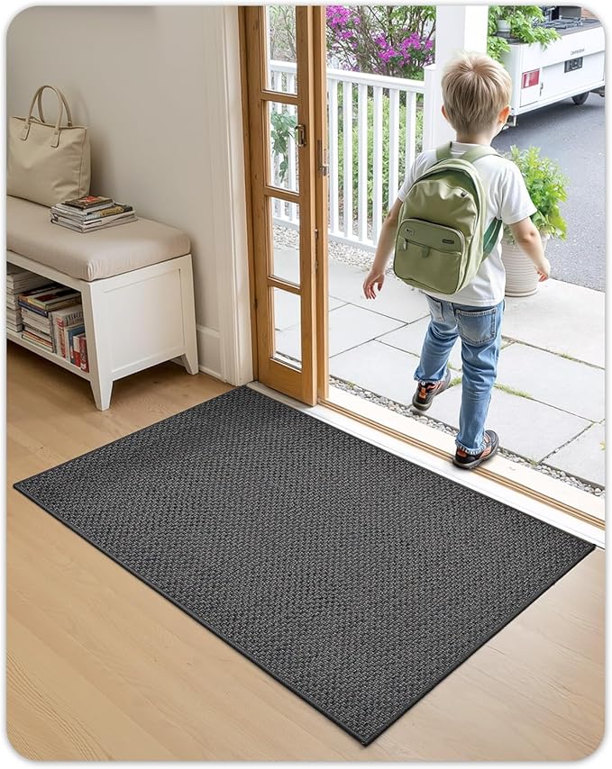 Color&Geometry Ultra-Thin Indoor Door Mat, 26"x47" Low-Profile Non-Slip Entryway Rug with Modern Geometric Texture, Washable Doormat for Indoor Entrance, Front Door, Grey (Rolled-up NO Creases)