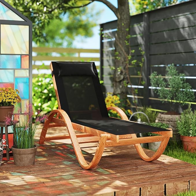 Outsunny Larch Wood Lounge Chair, 4-Level Adjustable Tanning Chair, Full Flat Patio Lounger with Mesh Seat, Outdoor Sun Chaise for Patio Beach, Black