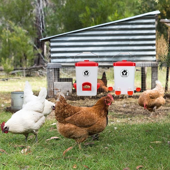 Automatic Chicken Feeder and Waterer Set Hanging Chicken Waterer 3 Gallon Poultry Water Feeder with Nipples and Feeding Ports No Waste,Chicken Coop Accessories