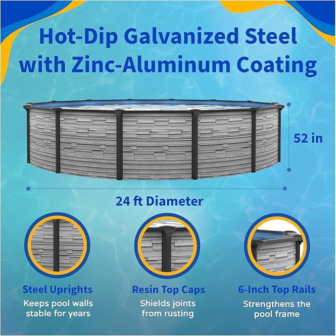Blue Wave Montilla 24-ft Round 52-in Deep Above Ground Swimming Pool – with Steel Wall & Top Rails, Sand Filter, Overlap Liner, A-Frame Ladder & Maintenance Kit – Complete Outdoor Pool Accessories