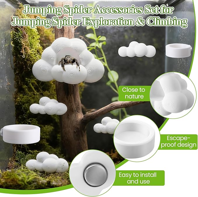 Jumping Spider Accessories Set with Magnetic Cloud Platforms & Feeder Bowls, Jumping Spider Enclosure Accessories for Climbing, Hiding & Feeding, 14 Pcs Magnets, Cute Spiders Habitat Decor