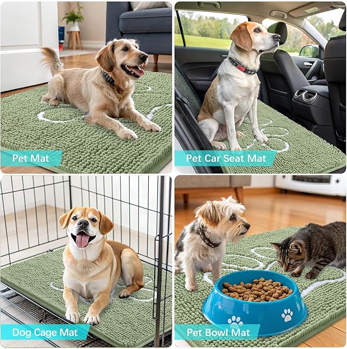 OLANLY Dog Door Mat for Muddy Paws 59x24, Paw Print Design, Absorbs Moisture and Dirt, Non-Slip Washable Doormat, Quick Dry Chenille Mud Mat for Dogs, Entry Indoor Entryway Carpet, Sage Green