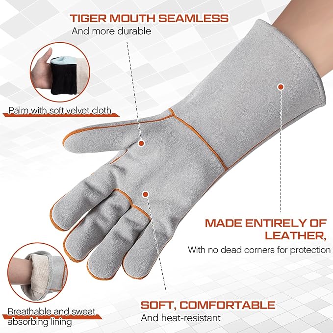2 Pairs 14” Leather Fireplace Gloves for Men Women Long Heat Resistant Fireplace Hearth Gloves Wrist Protection Fireproof Stitching Grill Glove for Fire, Stove, Oven, BBQ, Grilling, Welding
