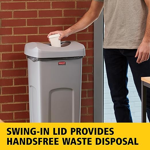 Rubbermaid Commercial Products Square Trash/Garbage Container with Untouchable Swing Top Lid, 23-Gallon, Gray, Perfect for Outdoor/Restaurant/School/Kitchen