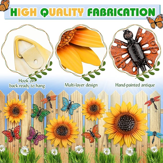 Sweetude 12 Pcs Metal Sunflower Wall Decor with Colorful Dragonfly and Butterfly Decor Flowers Wall Art Metal Yellow Summer Flowers Hanging for Garden Fence Patio Yard Outdoor Porch Home