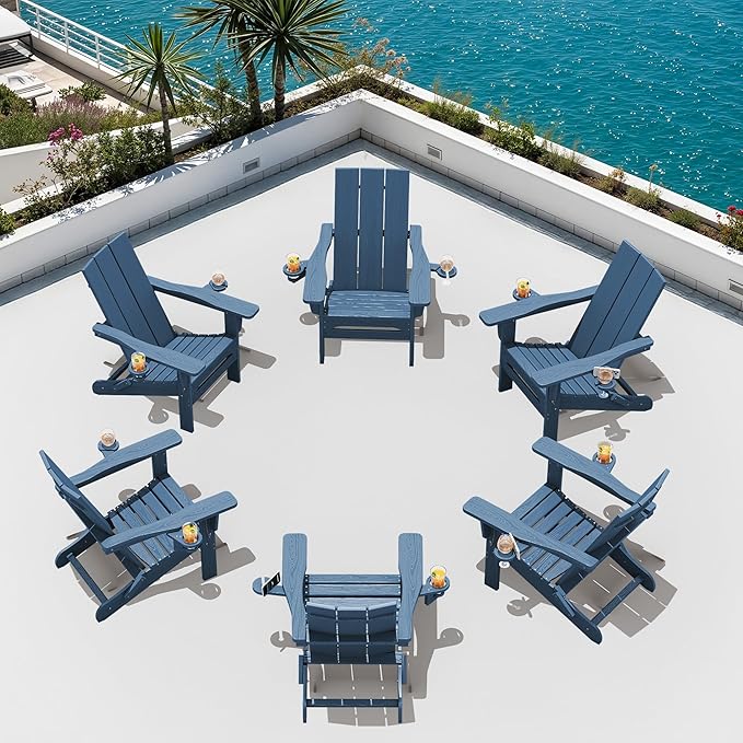 SERWALL Modern Folding Adirondack Chair Set of 4, HDPE Weather Resistant Outdoor Adirondack Chair with Dual Cup Holders, Patio Lawn Garden Chairs, Blue