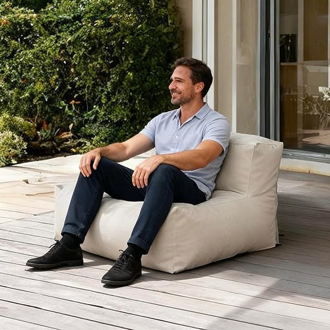Patio Armless Chair, Outdoor Middle Bean Bag Chair, Daybed Sofa Comfy Couch, Modular Patio Sectional Sofa, Water-Resistant Olefin Fabric, High-Density Foam Filled, Comfy Lounge Seat, Light Beige