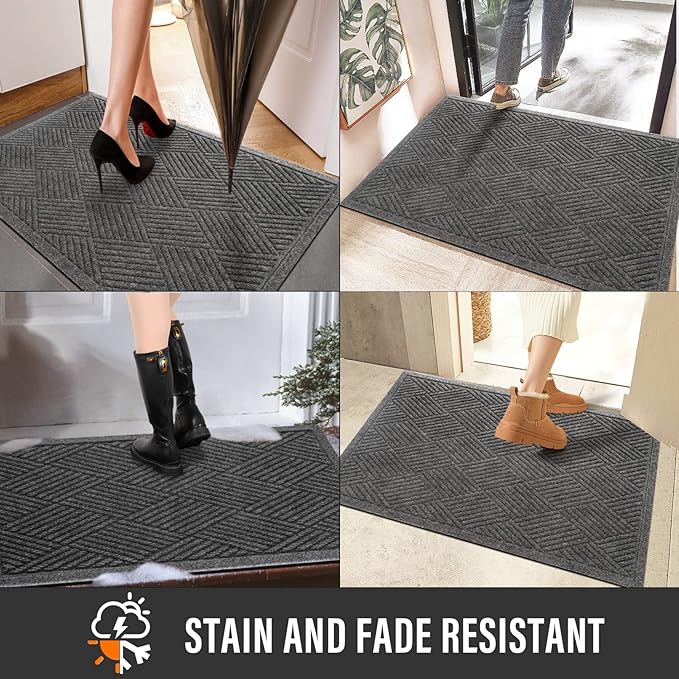 Sturdy Front Door Mat, Absorbent Muddy Dirt Resist Welcome Door Mats Outdoor Indoor, Stain and Fade Resistant, Non-Slip Rubber Backing Low Profile Doormat for Entryway, 47×32, Grey