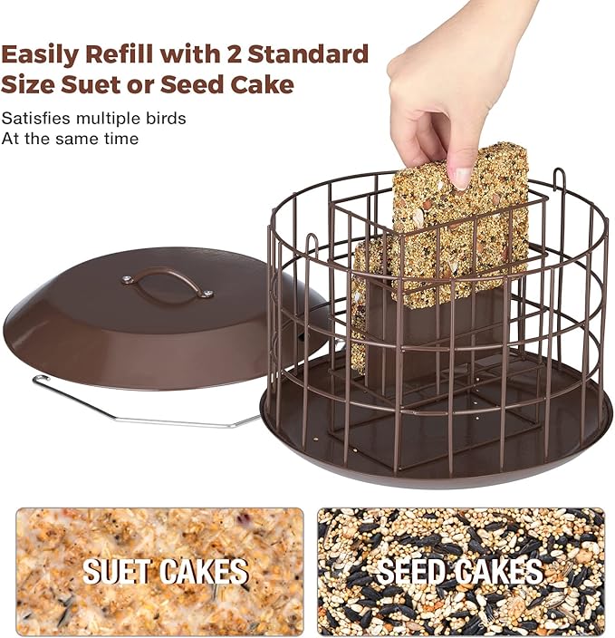 Kingsyard Squirrel Proof Suet Feeder, Cage Bird Feeders for Outdoors Hanging, All Metal, Double Suet Cake Capacity, Tray & Weatherproof, Brown
