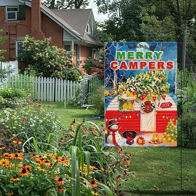 Merry Campers Christmas Garden Flag Xmas Winter Holiday Outside Outdoor Lawn Decorations Yard Flag Double Sided 12x18 Inch