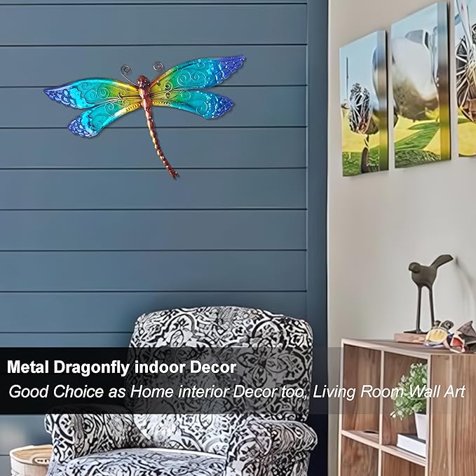 Handmade Metal Dragonfly Wall Decor - Outdoor Garden Fence Art - 15" Rustic Scenic Wall Art for Patio, Bedroom, Bathroom Vivid Hanging Decoration is an ideal Gift for a Father, Mother, and Grandmother