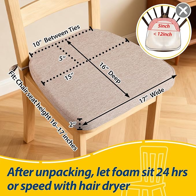 AAAAAcessories D-Shaped Chair Cushions, 2" Thick Dining Chair Pads with Ties and Removable, Machine-Washable Cover, 17" x 16", Set of 2, Oatmeal Beige