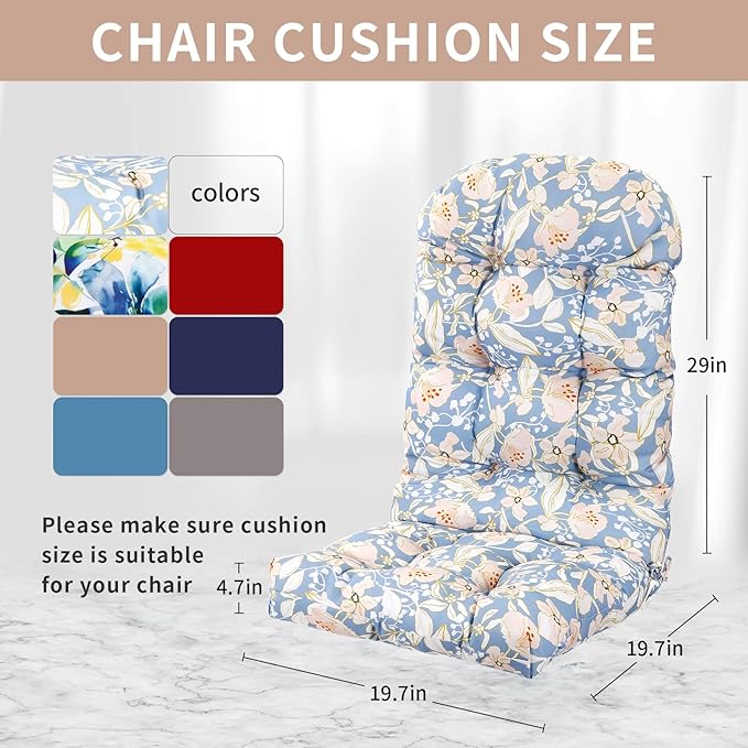 Adirondack Chair Cushion, High Back Patio Chair Cushions 48 x 19.7 x 4.7 Inch, Indoor/Outdoor Thickened Rocking Chair Cushion, Fade-Resistant & Waterproof (Flower Blue, Set of 1)