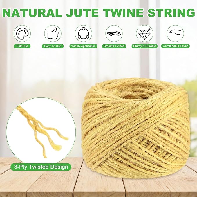 2-Pack Natural Jute Twine String, 3mm x 328ft/100m Long Garden Twine Balls for Crafts/Gift Wrapping/Gardening Plants, Durable Plant Ties Thick Rope [Light Yellow]