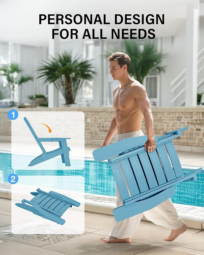 YEFU Adirondack Chair, Folding Adirondack Chairs Set of 2 with Arc Back & Cup Holder, Weather Resistant Plastic Oversized Chair for Outdoor Patio Lawn Garden Backyard Deck Fire Pit, Blue