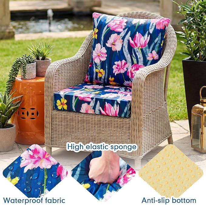 Hoteam 4 Set Outdoor Chair Patio Cushions Deep Seat Waterproof Chair Cushions 20 x 20 Inch for Patio Furniture Set Replacement Removable Seat and Back(Retro Flower)