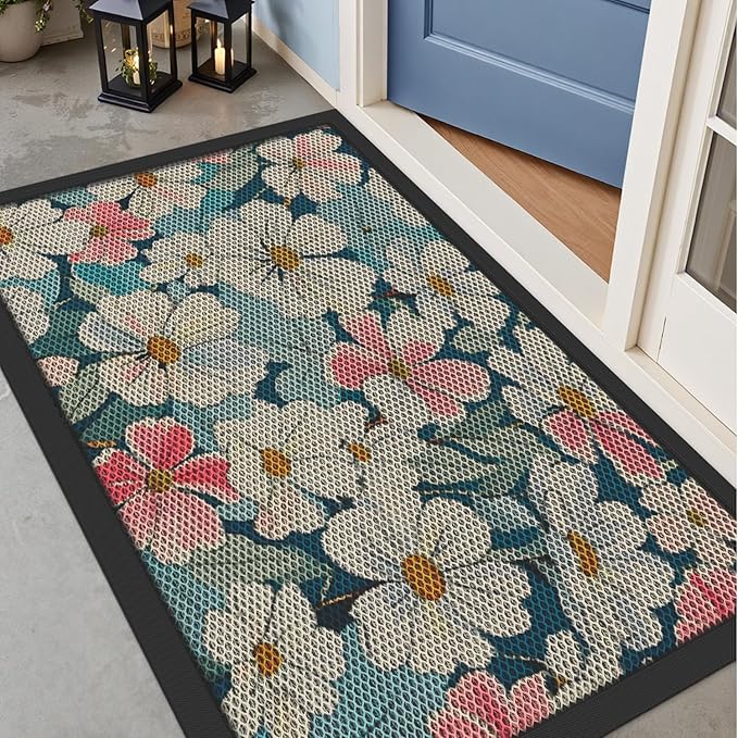 LUMI Outside Door Mat 32x47, Non Slip Rubber Backing Doormat, Low Profile Easy Clean Entrance Mats for Front Back Door Entryway Porch Garage, Bloom Flower