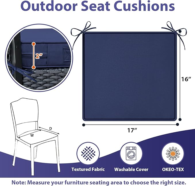 Outdoor Chair Cushions Set of 4 -Waterproof Outdoor Seat Cushions for Patio Furniture, Patio Chair Cushion with Handle and Ties, Square Out Door Chair Pads,17" x 16" x 2",Navy Blue