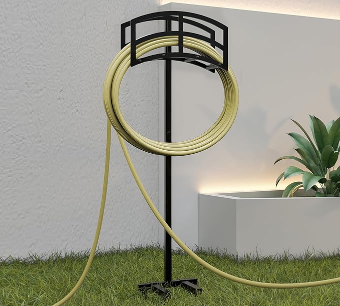 Kingson Heavy-Duty Metal Garden Hose Holder - Detachable & Freestanding Hose Stand with 4 Anchor Points, Black (Outdoor Use)