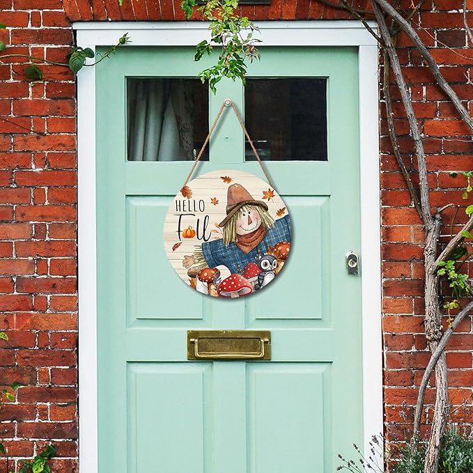 Hello Fall Scarecrow Pumpkin Door Sign For Front Door Decor,Autumn Harvest Maple Leaf Mushroom Wooden Sign 12"x 12" Round Wood Hanging Door Sign Thanksgiving Decoration for Wall Rustic Porch Decor
