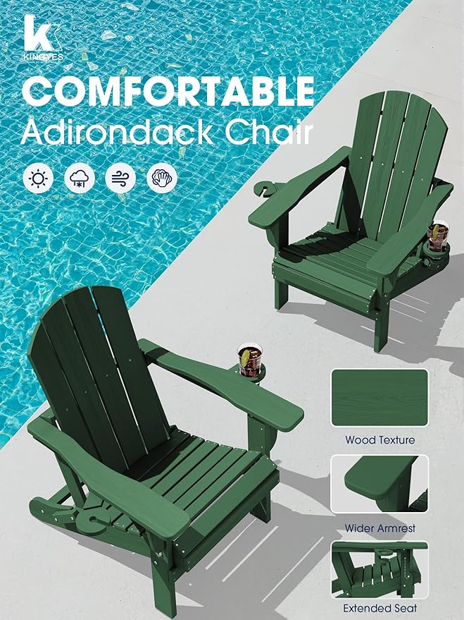 KINGYES Folding Adirondack Chair Set of 2, Dual Cup Holders & All-Weather HDPE, Wood-Like Patio Chair for Backyard, Camping, Pool & Fire Pit, Dark Green