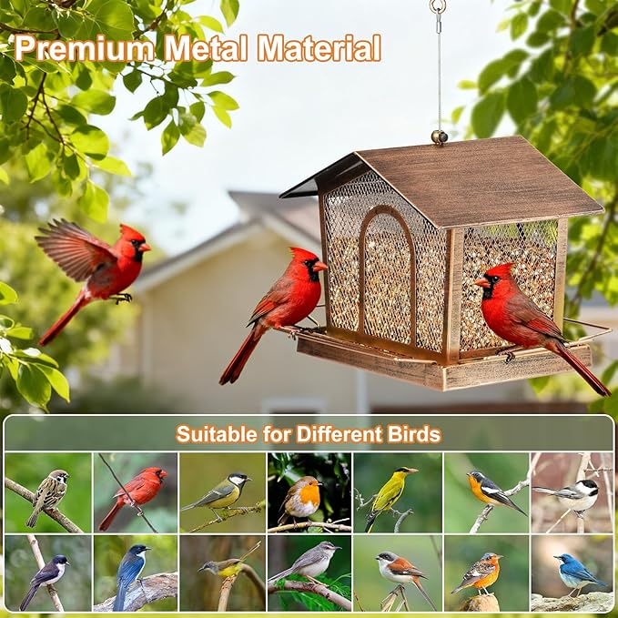 LBTING Bird Feeder for Outside, Metal House-Shaped Bird Feeder, Squirrel Proof Wild Bird Feeders for Hanging Outdoor Garden Yard - Gold