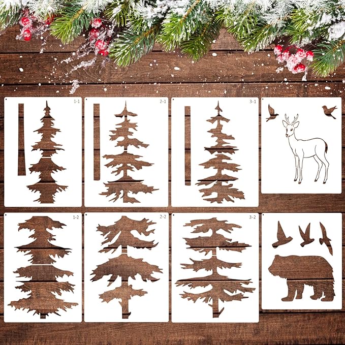 Forest Tree Stencil Set Large Pine Tree Stencils for Painting on Wood Reusable Forest Tree Mural Templates for Wall Garden Fence Window Furniture