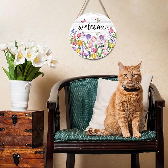 Welcome Spring Summer Tulip Flower Door Sign For Front Door Decor,Floral Butterfly Wooden Sign 12"x 12" Round Hanging Door Sign Decoration for Wall Rustic Decor