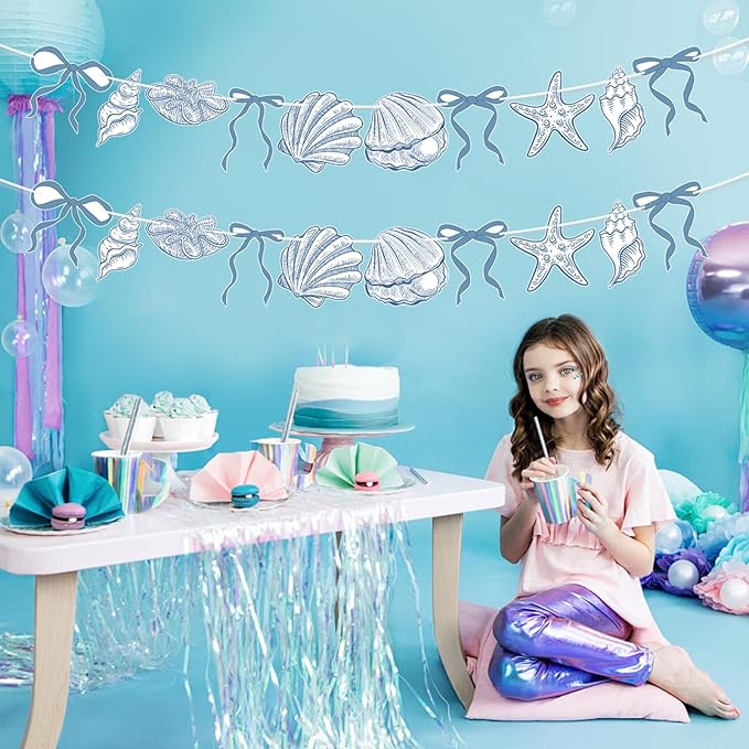 2 PACK Summer Banner Seashells Decor Party Decorations Party Supplies Birthday Decorations Blue Bow Starfish and Christmas Ornaments Under The Sea Paper Hanging Banner for Women Men Baby Showre
