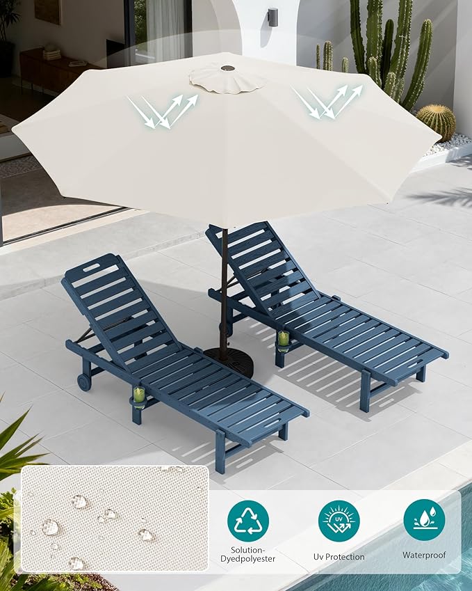 SERWALL Outdoor Chaise Lounge Set of 2 with 9FT Umbrella, HDPE Pool Lounge Chair with 5-Position Adjustable Backrest, Patio Lounger with Rolling Wheels & Cup Holder for Pool, Navy