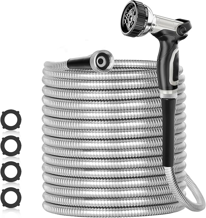 SPECILITE 125ft 304 Stainless Steel Garden Hose Metal, Heavy Duty Water Pipe with Nozzles for Yard, Outdoor - Flexible, Never Kink & Tangle, Puncture Resistant (Sliver)