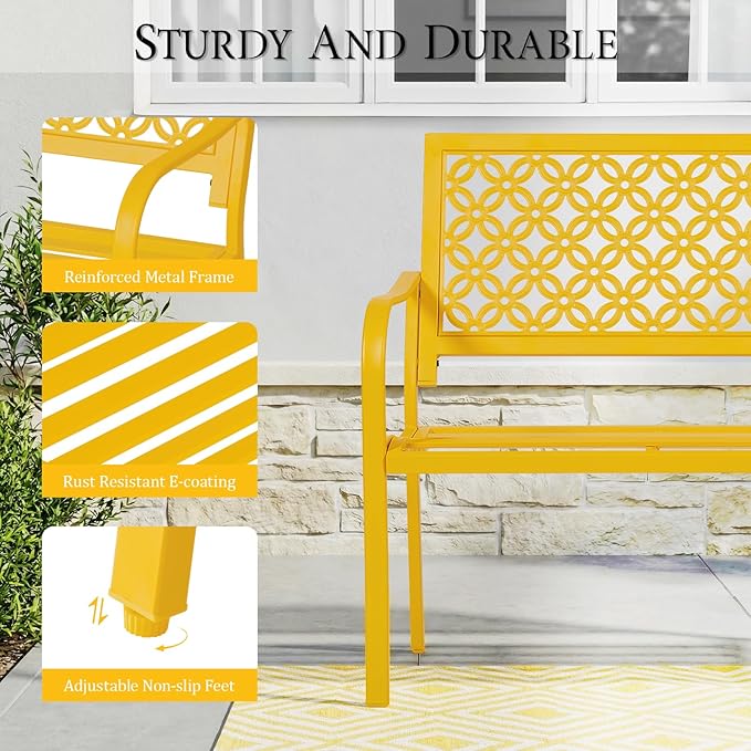 ONBRILL 50" Outdoor Bench, Garden Benches with Galvanized Metal Frame, Front Porch Bench with Floral Backrest, Patio Furniture with Adjustable Feet for Park, Yard, Lawn, Entryway, Yellow