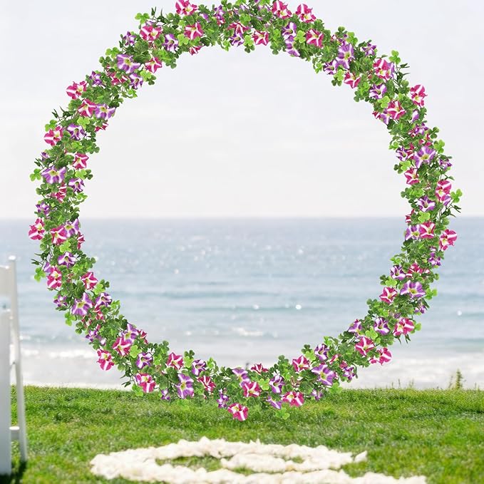 2 Pcs Artificial Flowers Vines Outdoors Silk Petunias Garland Purple Fuchsia Spring Flowers Garland for Mantle 11 FT Fake Morning Glory Hanging Vines for Mailbox Fence Wedding Banquet Decor