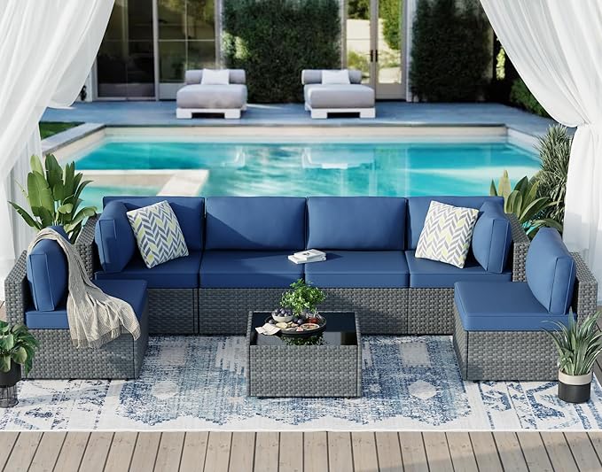 7-Piece Outdoor Patio Furniture Set, Modular PE Rattan Sectional Sofa with Thick Cushions & Glass Coffee Table, Weather-Resistant Wicker Conversation Set for Poolside, Balcony, Garden, Aegean Blue