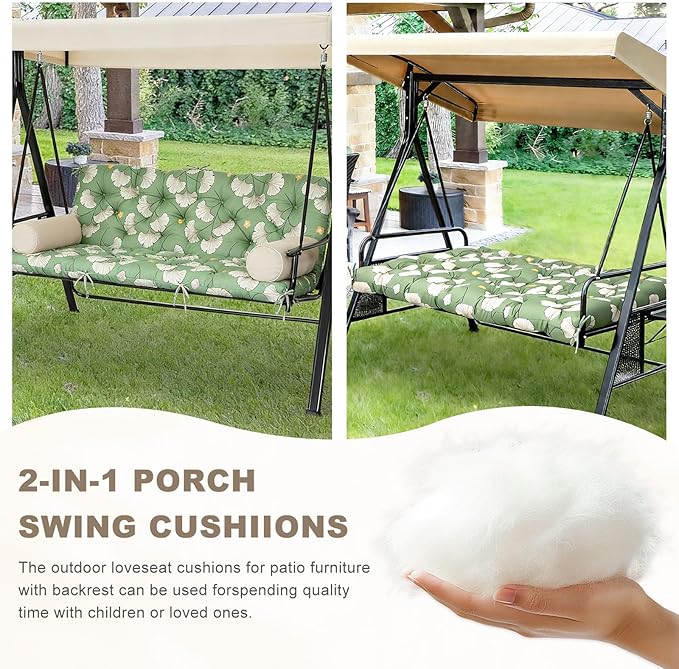 Porch Swing Cushion with Backrest,Waterproof Bench Cushion for Outdoor Furniture,2-3 Seater Replacement Thickened Swing Cushion with Ties,Patio,Outdoor,Backyard and Garden (Ginkgo Breeze,60x40")
