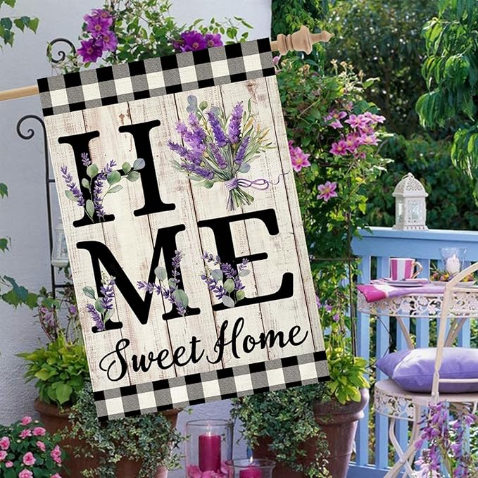 ORTIGIA Spring Summer House Flag 28 x 40 Inch Double Sided Burlap Home Sweet Home Purple Lavender Floral Flower Flag Yard Holiday Outdoor Outside Wedding Anniversary Decoration (Large)